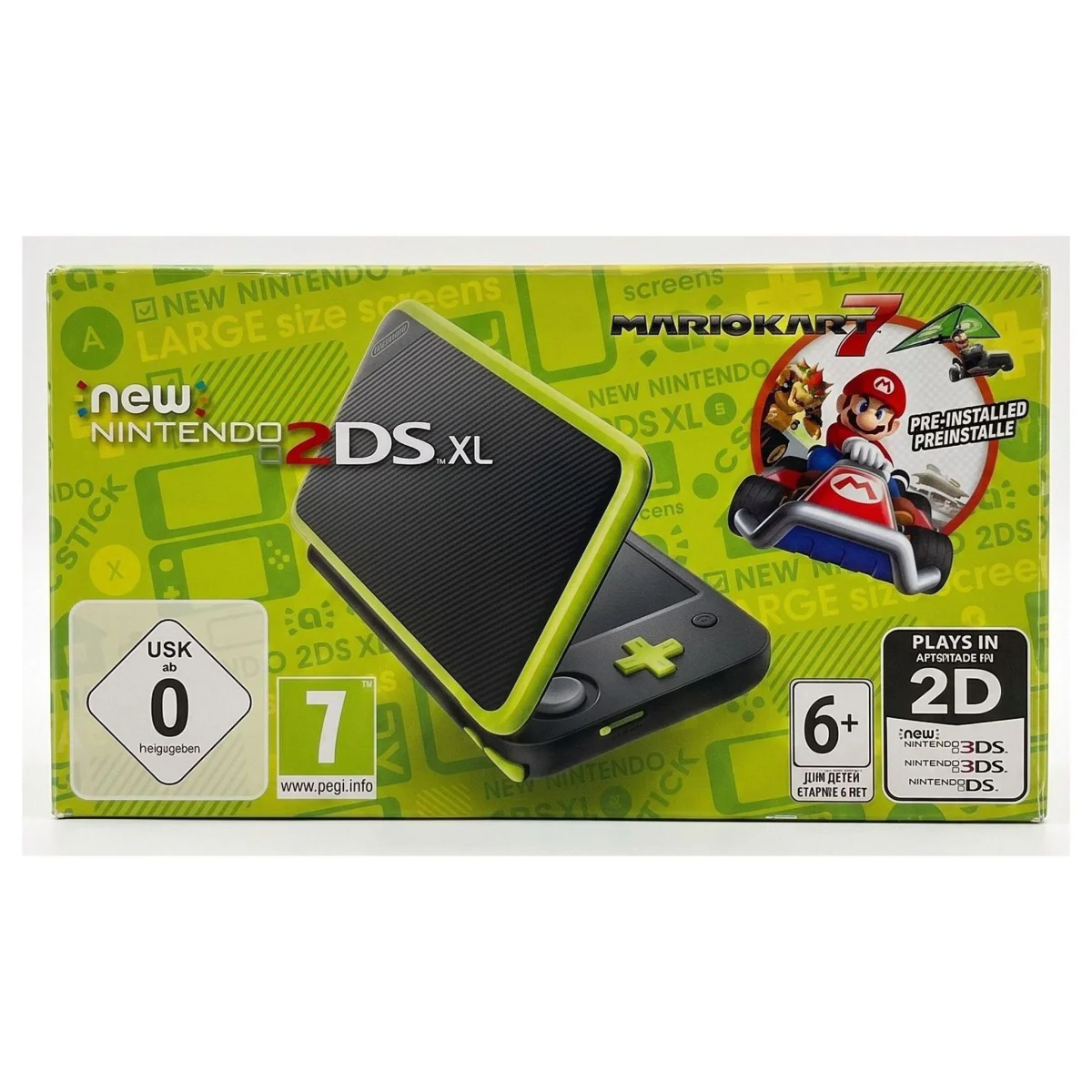 New Nintendo 2DS XL Zwart + Groen met Mario Kart 7 Nintendo 2DS XL Voorkant — Console in doos