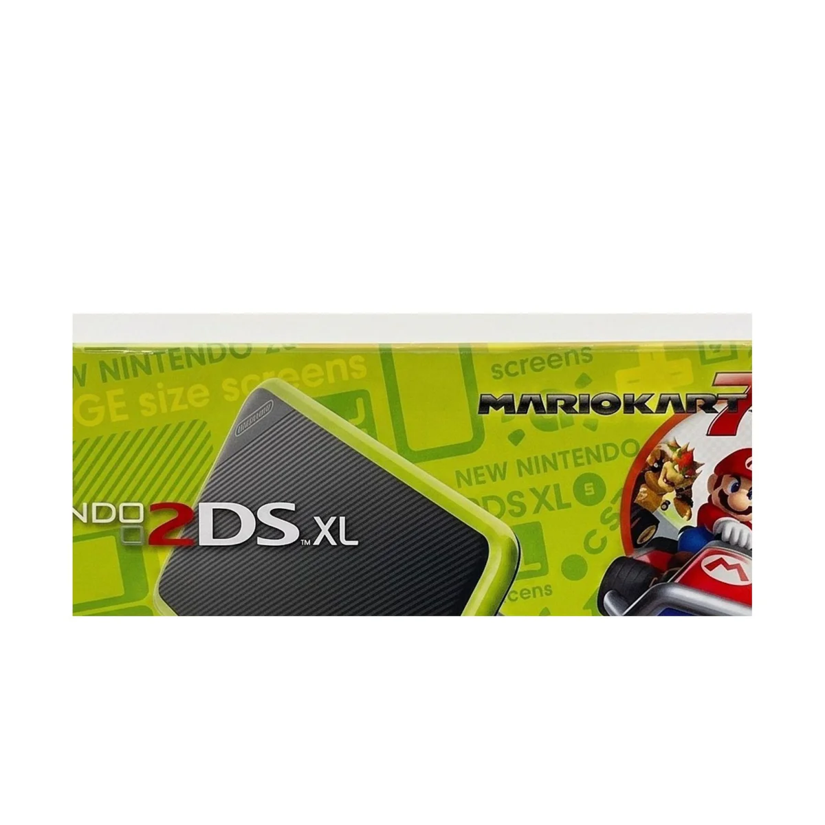 New Nintendo 2DS XL Zwart + Groen met Mario Kart 7 Nintendo 2DS XL Detail — Console in doos
