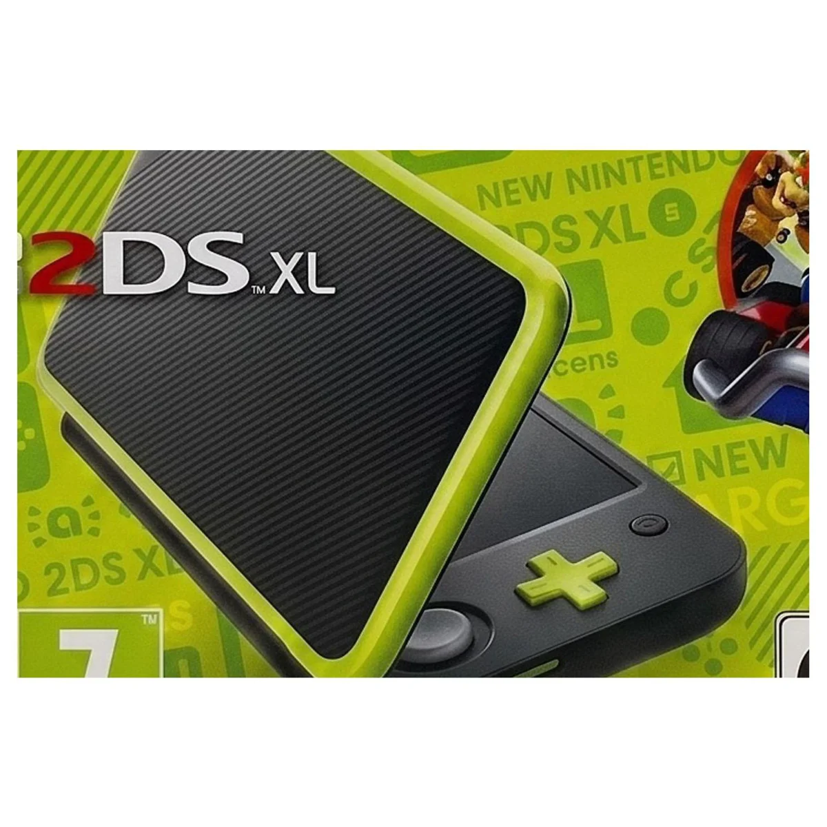 New Nintendo 2DS XL Zwart + Groen met Mario Kart 7 Nintendo 2DS XL Label — Console in doos