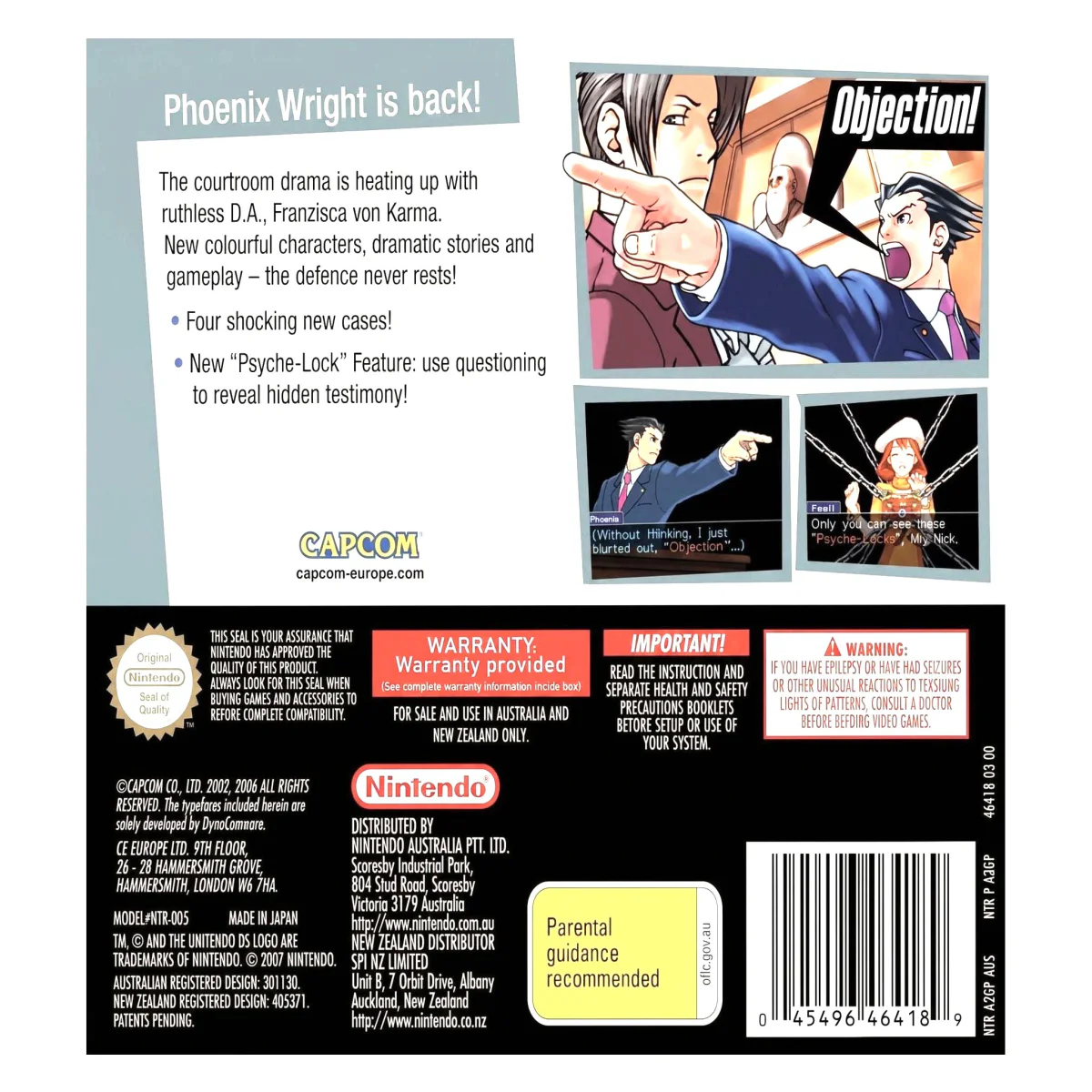 Phoenix Wright: Ace Attorney - Justice for All (Nintendo DS) — back of the box