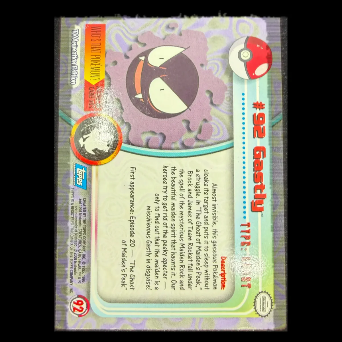 Pokemon Gastly #92 Foil — Topps TV Animation Series 1 (Pokemon Kaarten) — Rückseite