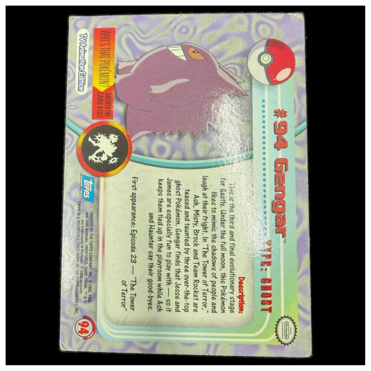 Pokemon Gengar #94 Foil — Topps TV Animation Edition (Pokemon Kaarten) — zadní strana