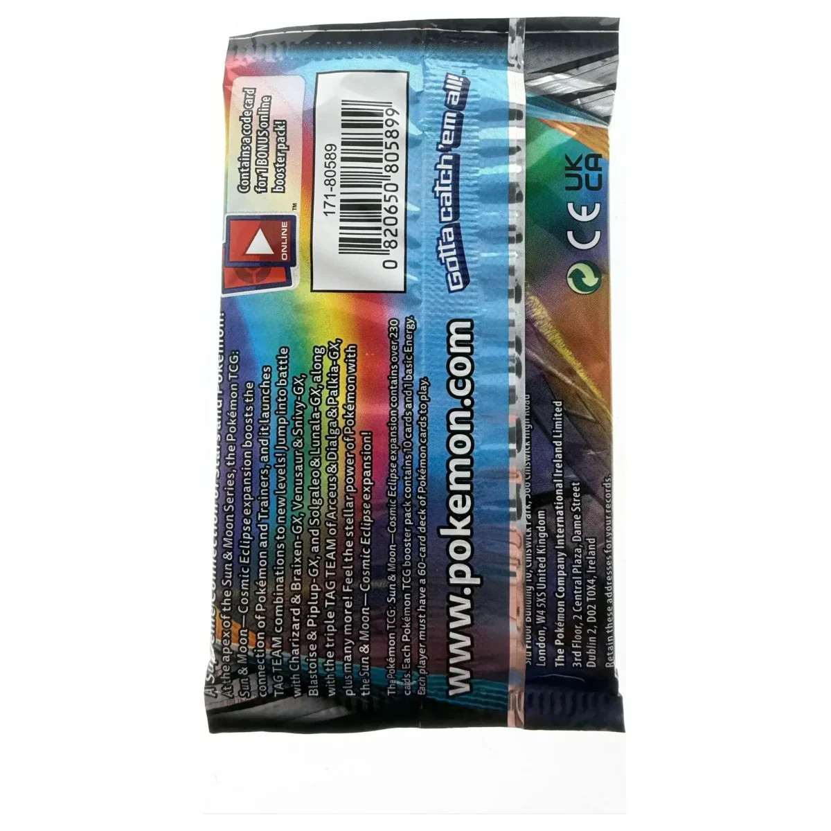 Pokemon TCG Cosmic Eclipse Booster Pack (Pokemon Kaarten) — parte trasera