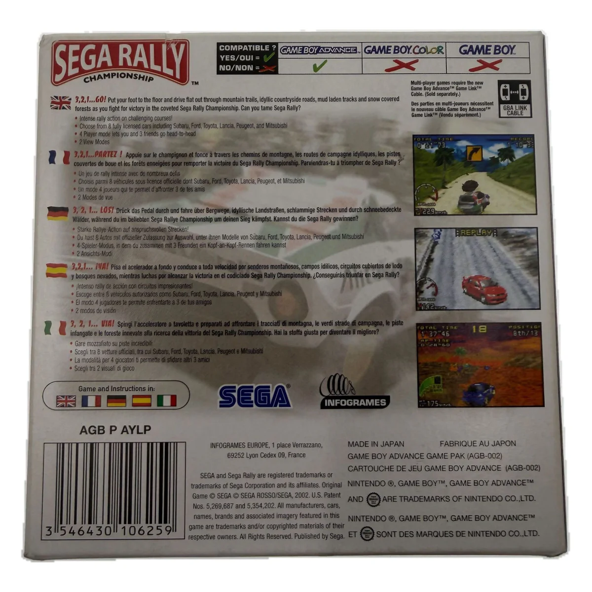 Sega Rally Championship Game Boy Advance Achterkant — Game in doos