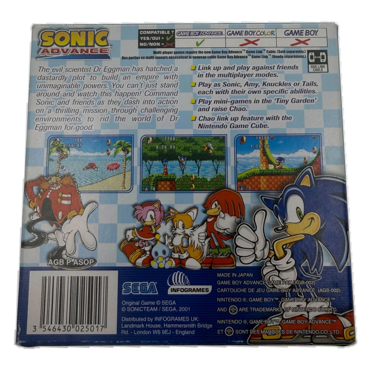 Sonic Advance (Game Boy Advance) — parte trasera