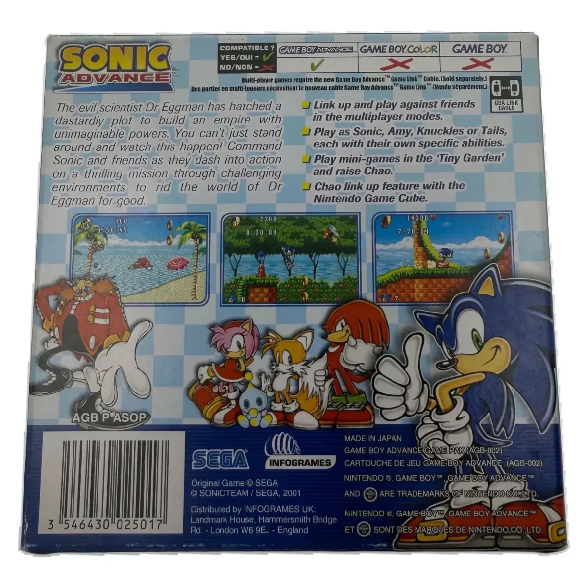 Sonic Advance (Game Boy Advance) — zadní strana