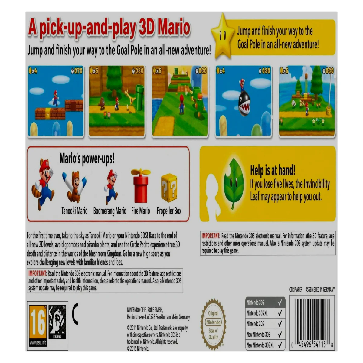 Super Mario 3D Land (Nintendo Selects) Nintendo 3DS Achterkant — Game in doos