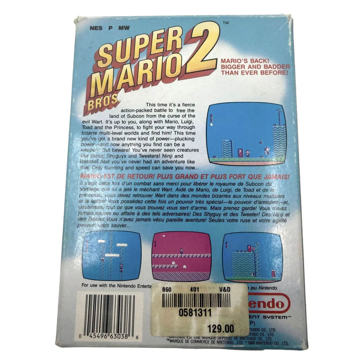 Super Mario Bros. 2 NES Achterkant — Game in doos met handleiding