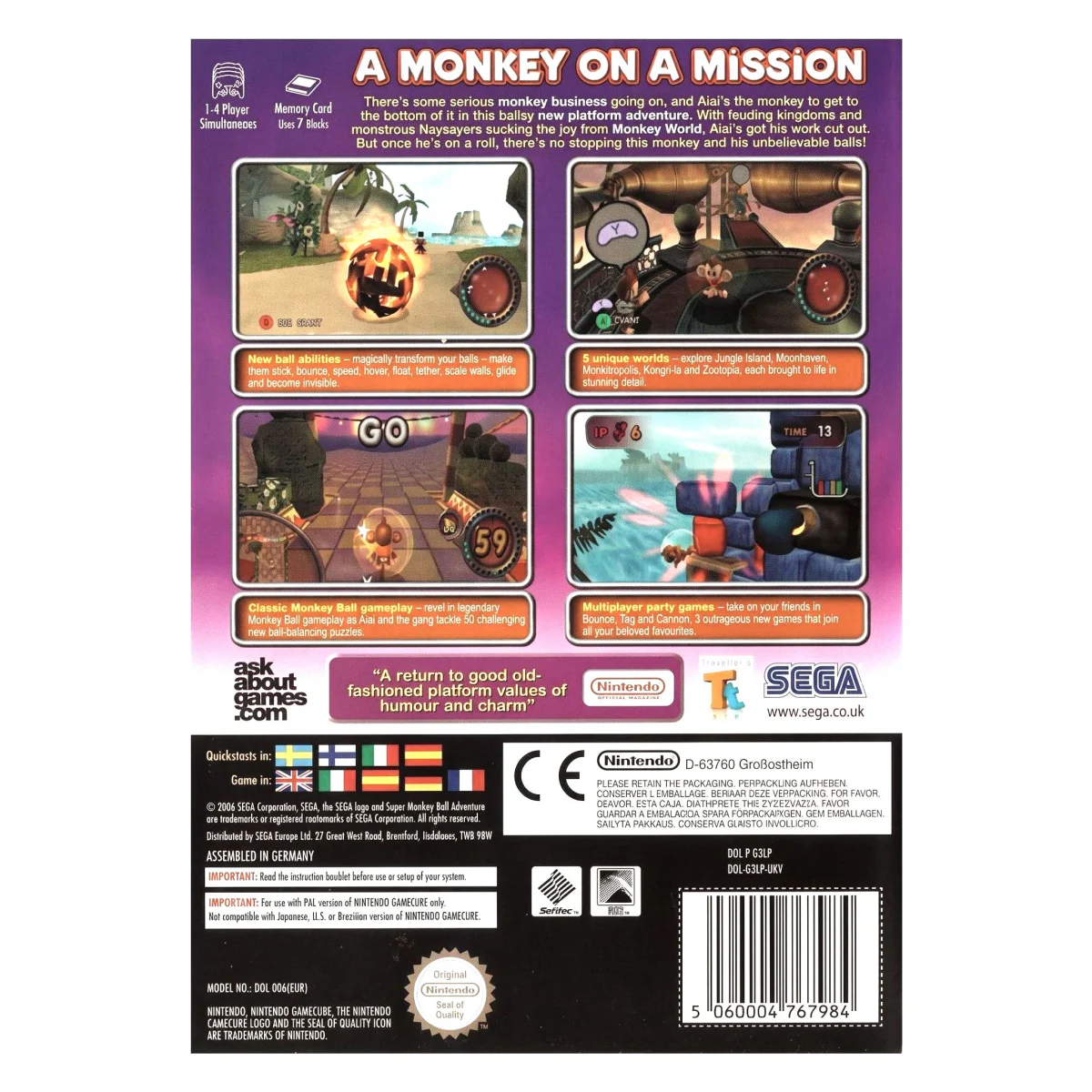 Super Monkey Ball Adventure GameCube Achterkant — Game in doos